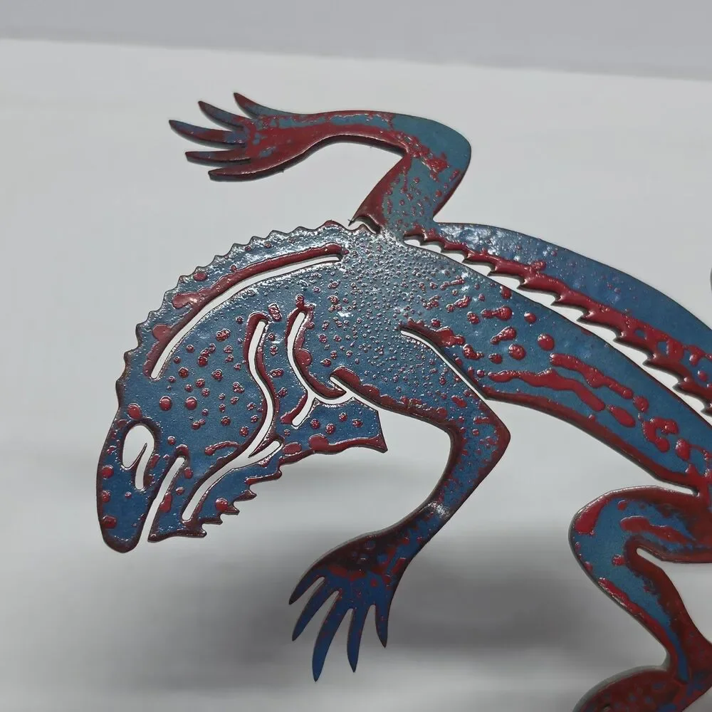 Gecko Lizard Metal Wall Art Outdoor Indoor Garden Cottagecore Cabin Decor Blue